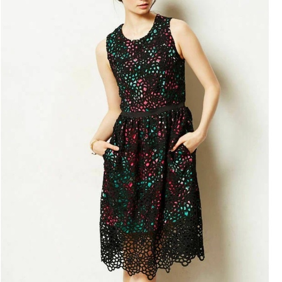 Anthropologie Black Crochet Lace Terrace Sheath Dress by Wolven 2P - Picture 1 of 14